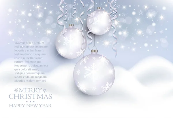 Boules Noël Neige Blanc Montagnes Fond Carte Vœux Vecteur — Image vectorielle