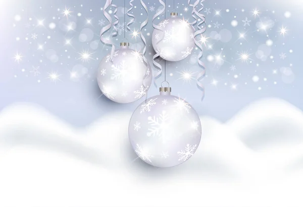 Різдвяні Кульки Снігопад Білі Гори Фон Вітальна Листівка Растровий — стокове фото