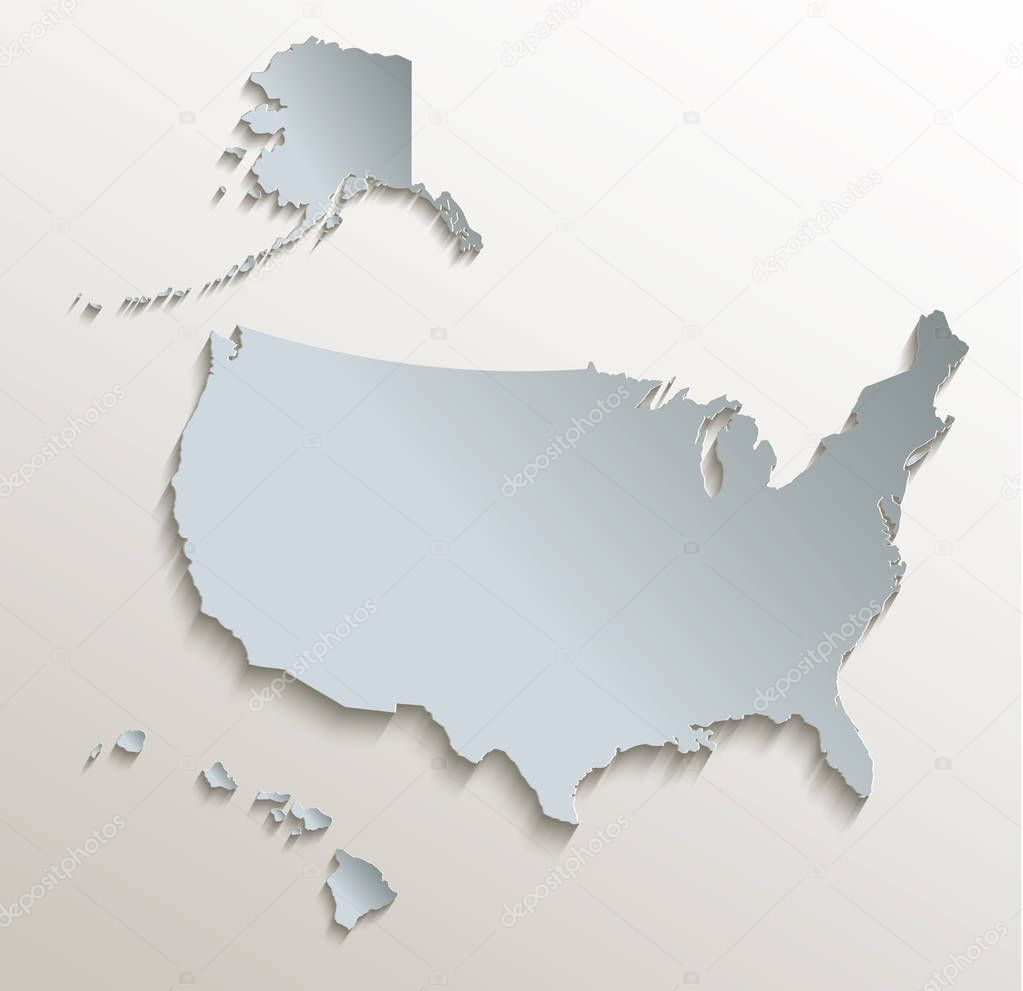 USA with Alaska and Hawaii map white blue card paper 3D raster