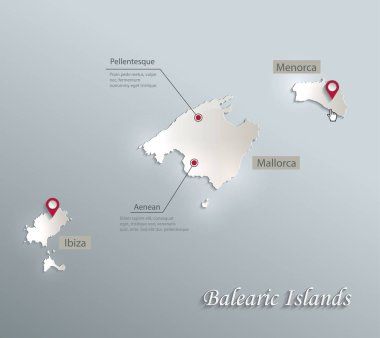 Balear Adaları, Mallorca, Menorca, Ibiza harita kart mavi beyaz kağıt 3B vektör