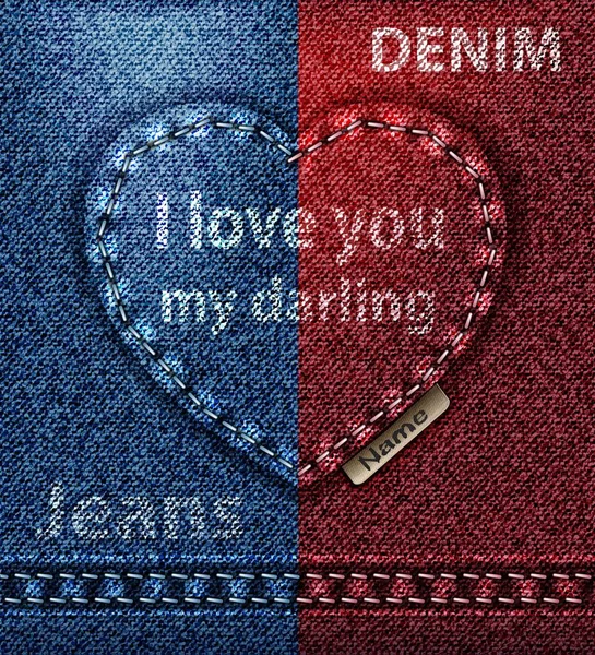 Jeans Corazón Tarjeta Felicitación Amo Valentine Rojo Vector Azul — Archivo Imágenes Vectoriales