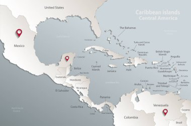 Caribbean Adaları Orta Amerika Haritası, devlet adları, ayrı devlet, kart mavi beyaz 3B vektör