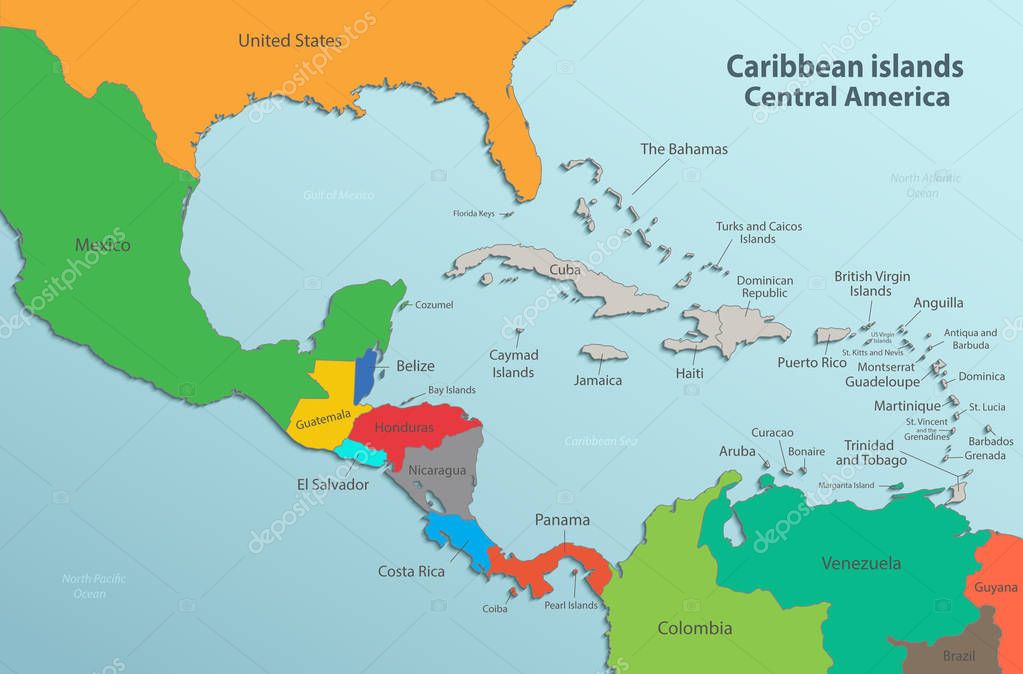 Islas del Caribe mapa América Central, nombres de estado tarjeta colores 3D  vector 2023