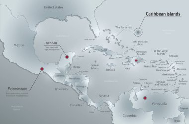 Caribbean Adaları Orta Amerika Haritası, devlet adları, ayrı devlet, cam kart kağıt 3B vektör