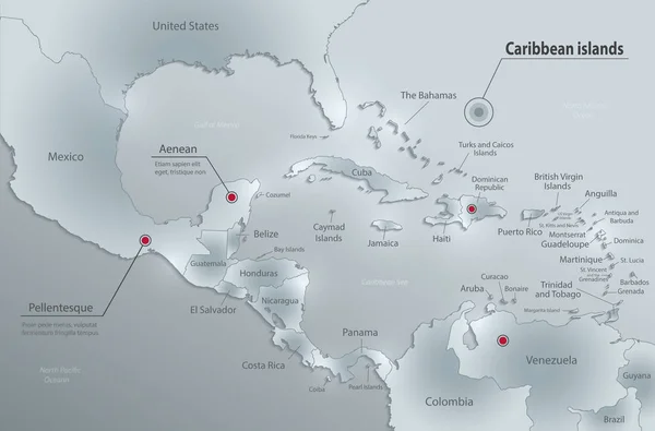 Islas Del Caribe Mapa América Central Nombres Estados Estados Separados — Vector de stock
