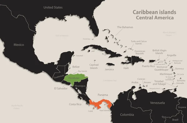Karayip Adaları Orta Amerika Harita Siyah Renkler Yazı Tahtası Ayrı — Stok Vektör