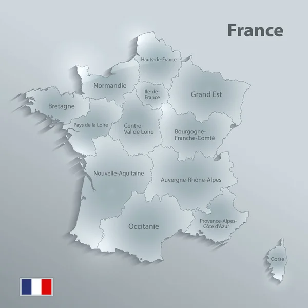Mapa Francia Bandera Región Separada Nombres Individuales Papel Tarjeta Vidrio — Vector de stock