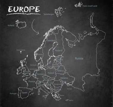 Avrupa Haritası, yeni siyasi detaylı harita, devlet adları, arka plan blackboard okul kara tahta vektör ile ayrı tek tek devletlerin