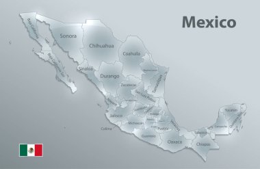  Mexico map flag, new political detailed map, separate individual states, with state names, glass card 3D state names, isolated on white background 3D vector clipart