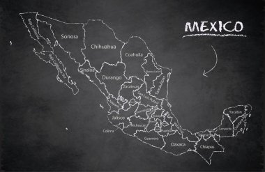 Mexico map, new political detailed map, separate individual states, with state names, card blackboard school chalkboard vector clipart