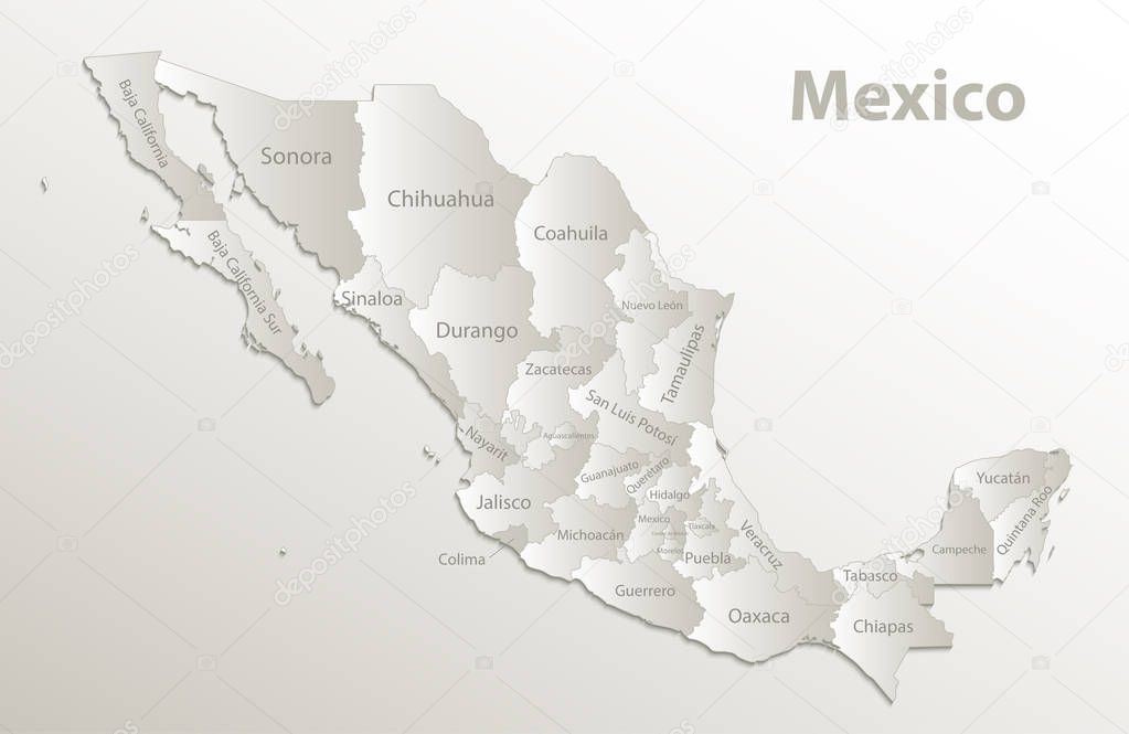 Mexico map, new political detailed map, separate individual states, with state names, card paper 3D natural vector