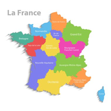 France map, new political detailed map, separate individual regions, with state names, isolated on white background 3D vector clipart