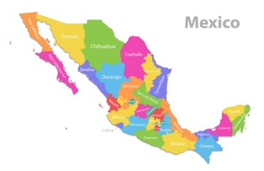Mexico map, new political detailed map, separate individual states, with state names, isolated on white background 3D vector clipart