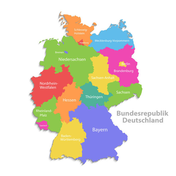 Germany map, new political detailed map, separate individual regions, with state names, isolated on white background 3D vector