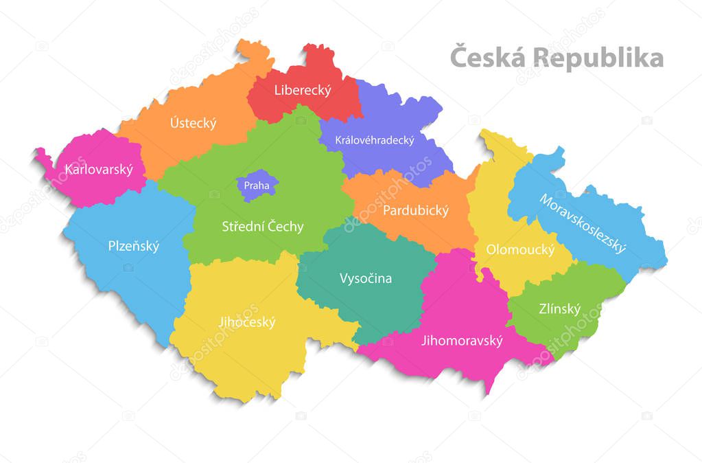 Czech Republic map, new political detailed map, separate individual regions, with state names, isolated on white background 3D vector