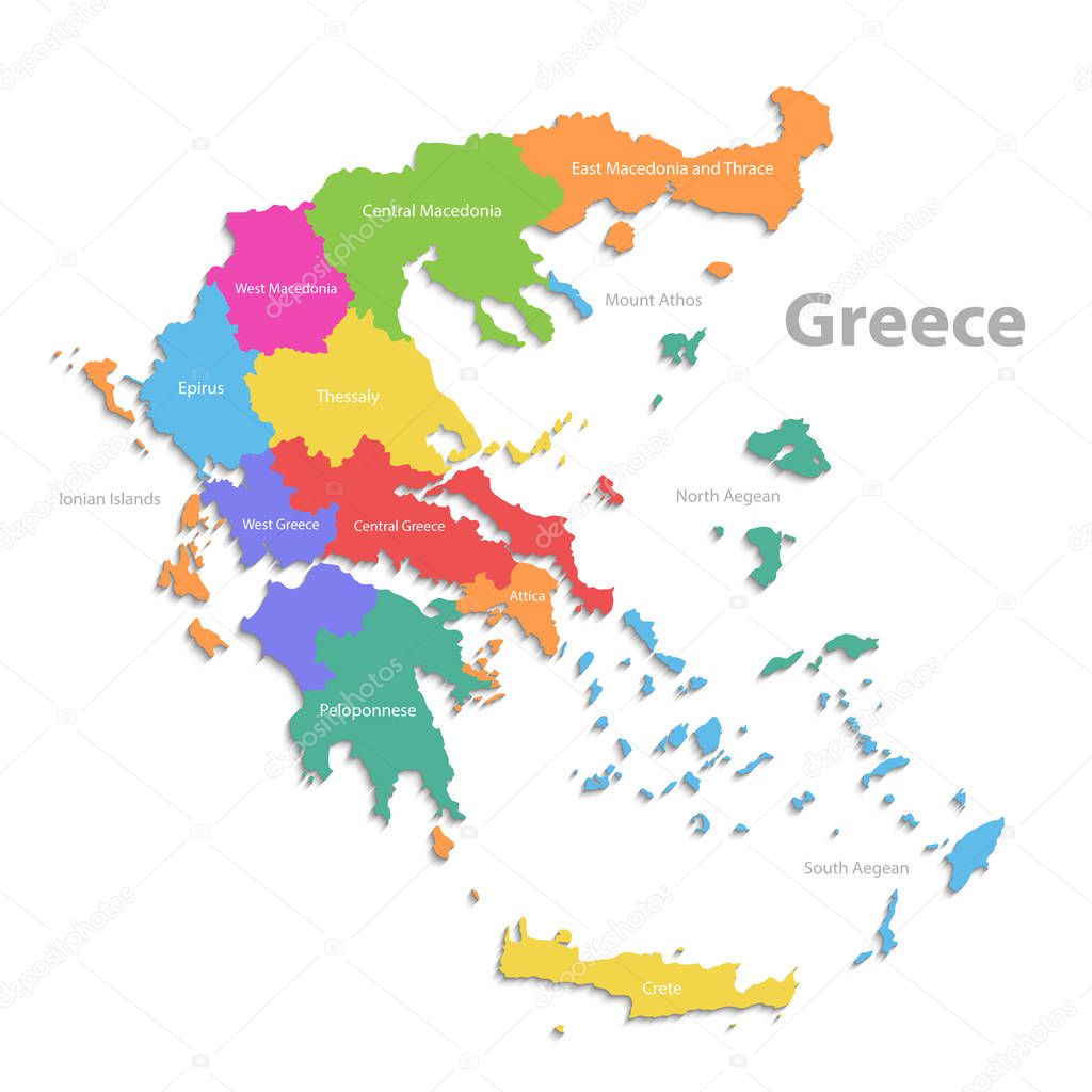 Greece map, new political detailed map, separate individual regions, with state names, isolated on white background 3D vector