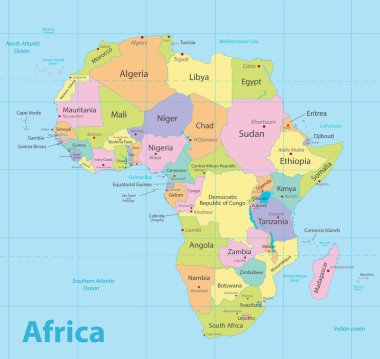 Renkli, yeni siyasi detaylı harita, devlet şehir ve deniz adları, mavi arka plan vektör ile ayrı tek tek devletlerin harita Afrika 