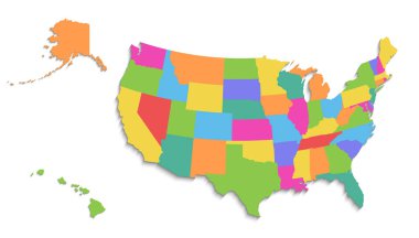 Alaska ve Hawaii haritalı Usa haritası, yeni politik detaylı harita, ayrı eyaletler, beyaz arka planda izole edilmiş 3 boyutlu boş raster.