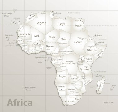 Afrika harita, yeni siyasi detaylı harita, devlet şehir ve deniz adları, doğal kağıt 3B gölge vektör ile ayrı tek tek devletlerin