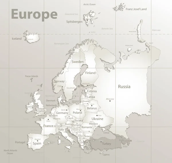 欧洲地图 新的政治详细地图 分开各自的状态 与状态城市和海名字 自然纸3D 阴影向量 — 图库矢量图片