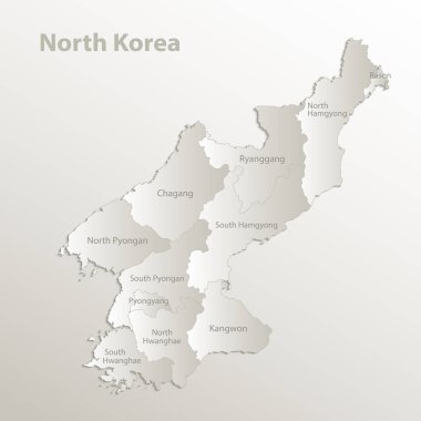 Kore Demokratik Halk Cumhuriyeti harita ayrı bölge adları tek tek kart kağıt 3d doğal vektör