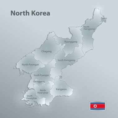 Kore Demokratik Halk Cumhuriyeti harita bayrak ayrı bölge adları tek tek cam kartı kağıt 3B vektör
