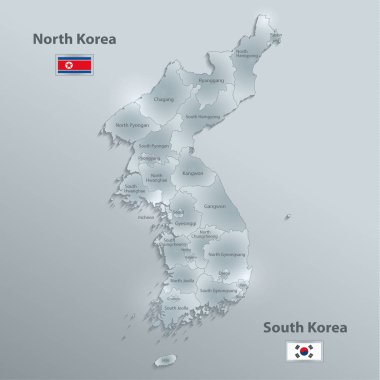 Kuzey ve Güney Kore harita bayrak ayrı bölge adları tek tek cam kart kağıt 3B vektör