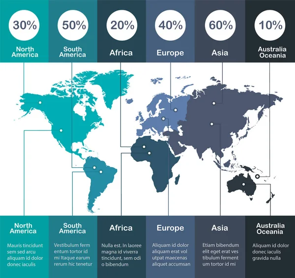 インフォグラフィック 白の背景ベクトル上の大陸青い色の世界地図 — ストックベクタ