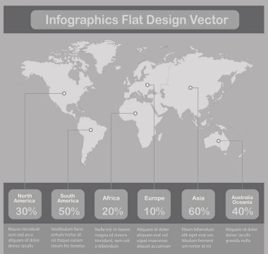  Infographics Gri kağıt arka plan vektörü üzerinde kıtaların Dünya haritaları