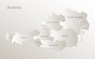 Avusturya haritası idari bölünme bölgeleri ayırır ve bireysel bölgeyi isimlendirir, kart kağıdı 3D doğal vektör