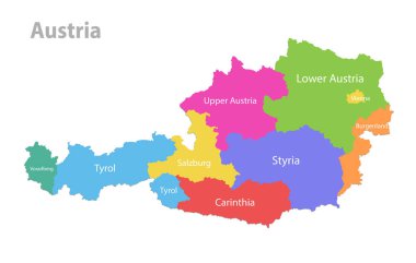 Avusturya haritası, idari bölünme, devlet isimleriyle ayrı devletler, beyaz arkaplan vektörü üzerinde izole edilmiş renk haritası