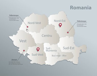 Romanya haritası, isimlerle idari bölüm, mavi beyaz kart kağıdı 3D vektör