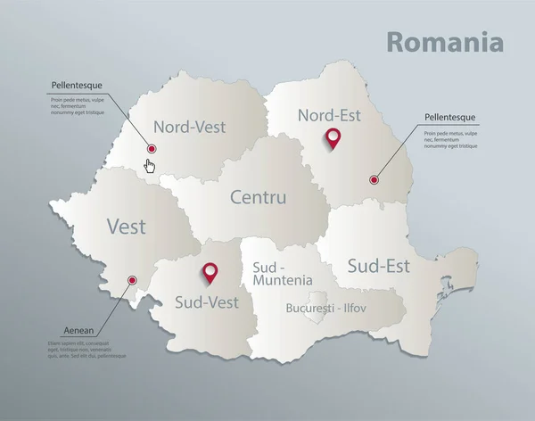 Rumunsko Mapa Administrativní Oddělení Jmény Modrá Bílá Karta Papír Vektor — Stockový vektor