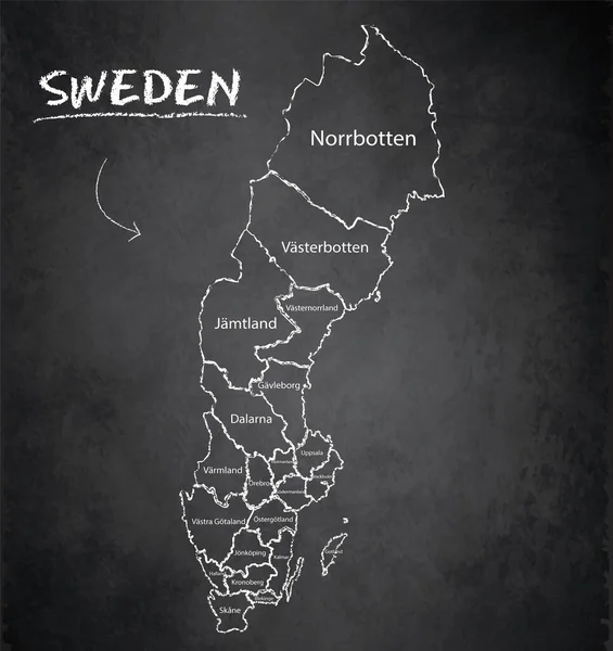 Svezia Mappa Divisione Amministrativa Separa Regioni Nomi Singola Regione Scheda — Vettoriale Stock
