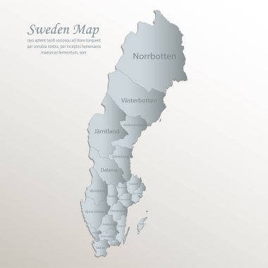 İsveç haritası, isimlerle idari bölüm, beyaz mavi kart kağıdı 3D vektör