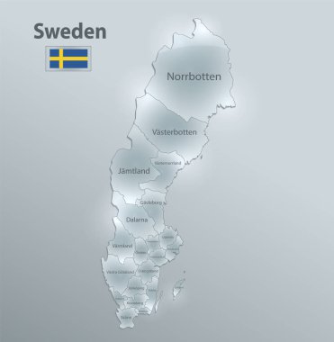 İsveç haritası ve bayrağı, idari bölünme, bölgeleri ayırır ve bireysel bölgeyi isimlendirir, cam kart 3D vektörü dizayn eder