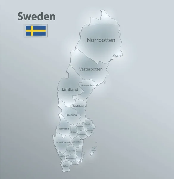 Sverige Karta Och Flagga Administrativ Indelning Avgränsar Regioner Och Namn — Stock vektor