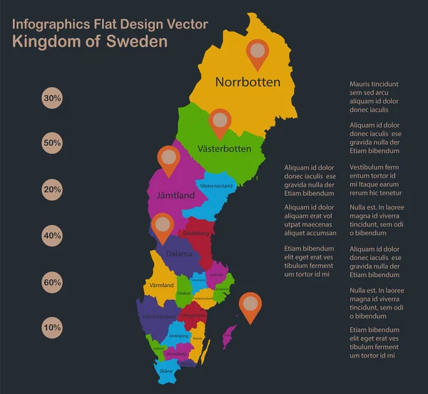 Infografías Mapa Suecia Colores Planos Diseño Nombres División Administrativa Individual — Vector de stock