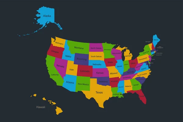 Infographics Usa Mapou Aljašky Havaje Ploché Designové Barvy Názvy Jednotlivých — Stockový vektor