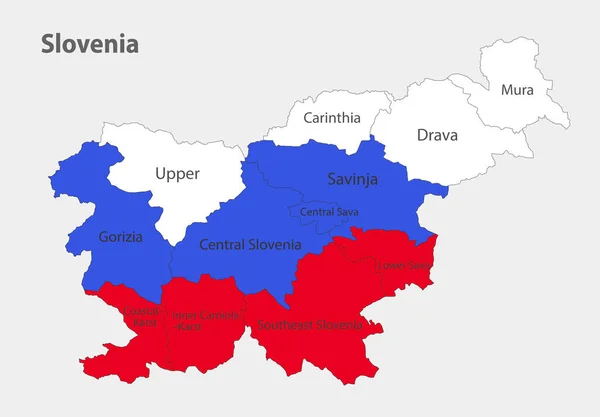 Kaart Van Slovenië Kleuren Van Vlag Met Vector Administratieve Sectoren — Stockvector