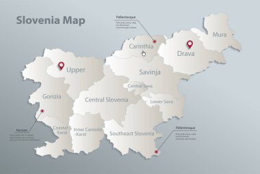 Slovenya haritası, isimlerle idari bölüm, mavi beyaz kart kağıdı 3D vektör