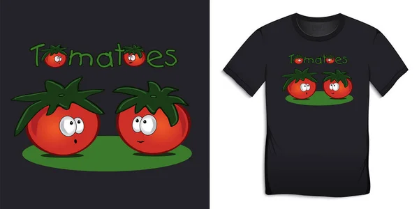 Print Voor Shirt Grafisch Ontwerp Met Tomaten Stripfiguren Zwarte Achtergrond — Stockvector