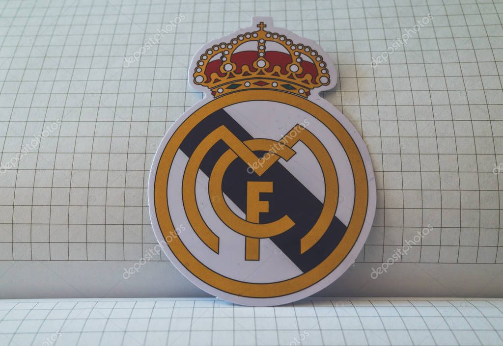 May 22, 2018 Ukraine, Kiev. Emblems of the finalists of the UEFA Champions League season 2017/2018 Spanish Real Madrid.