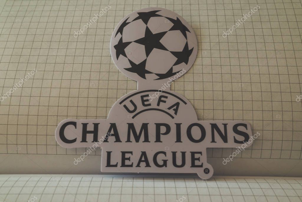 May 22, 2018 Ukraine, Kiev. Emblems of the finalists of the UEFA Champions League season 2017/2018 Spanish Real Madrid and English Liverpool.