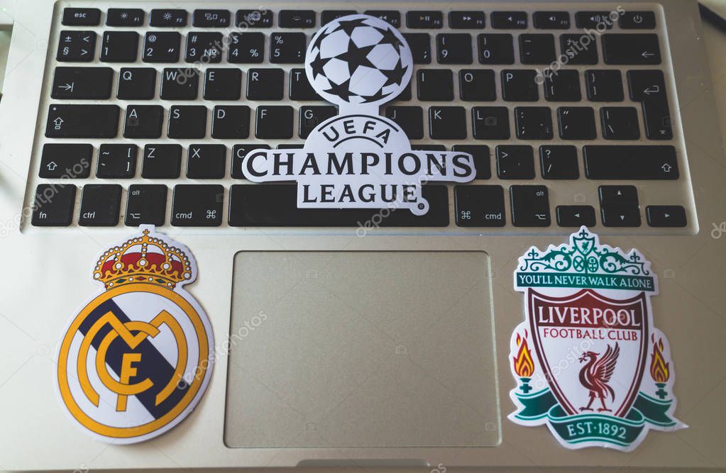 May 22, 2018 Ukraine, Kiev. Emblems of the finalists of the UEFA Champions League season 2017/2018 Spanish Real Madrid and English Liverpool.