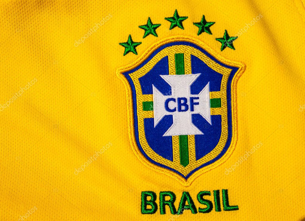 June 25, 2018 Moscow, Russia. Logo of the Brazilian Football Federation and five stars on the Brazil national football team's soccer shirt.
