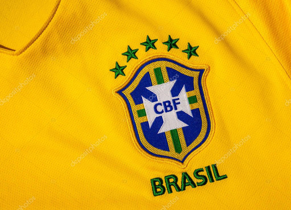 June 25, 2018 Moscow, Russia. Logo of the Brazilian Football Federation and five stars on the Brazil national football team's soccer shirt.