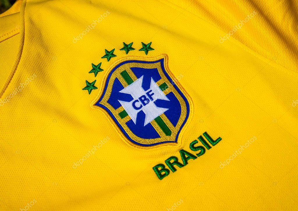 June 25, 2018 Moscow, Russia. Logo of the Brazilian Football Federation and five stars on the Brazil national football team's soccer shirt.