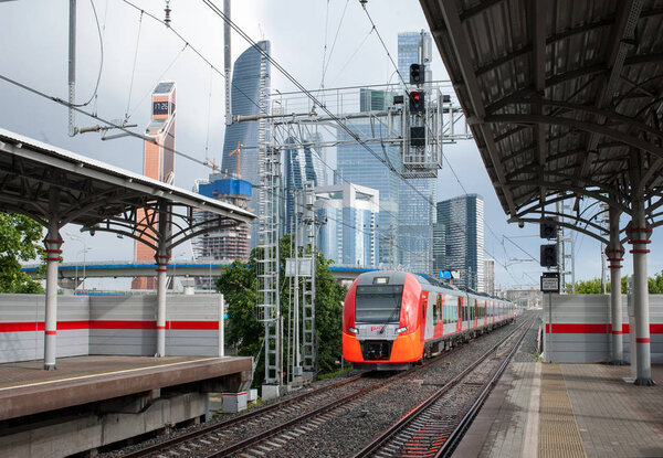 MOSCOW, RUSSIA - June, 22, 2017 Electric train Lastochka at the Shelepikha station of the Moscow Central Ring.
