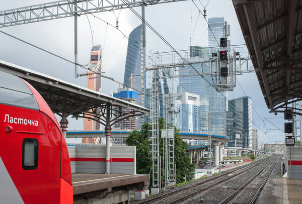 MOSCOW, RUSSIA - June, 22, 2017 Electric train Lastochka at the Shelepikha station of the Moscow Central Ring.